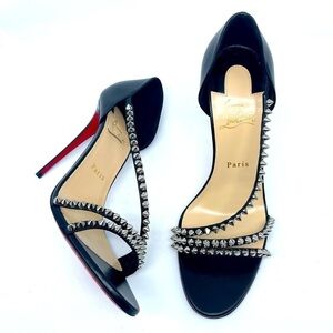 Christian Louboutin So Spike 100 Black Silver Ankle Strap Sandal Heel Pump EU 40